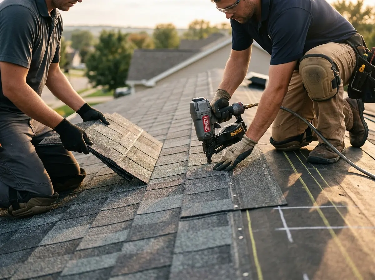 Professional roofer working on a residential roof in Hermiston